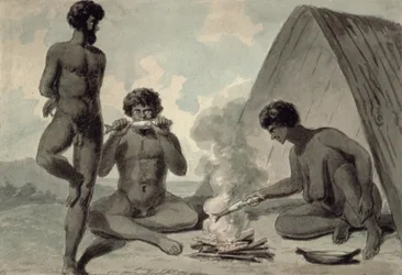 Aborigines Eating Fish in Front of a Campfire